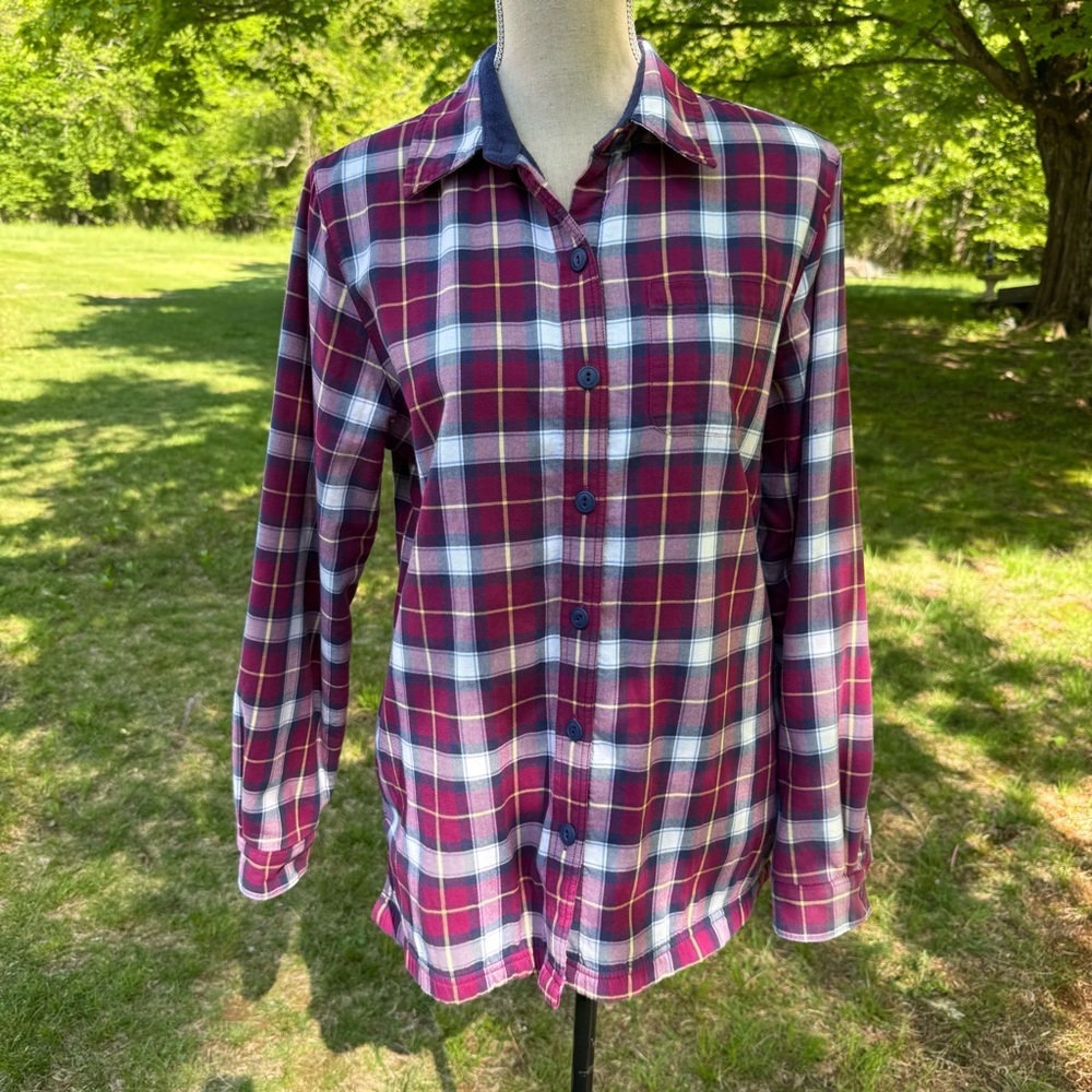 L.L. BEAN TOP BUTTON DOWN RED BLUE WHITE PLAID FLEECE LINED SHACKET SIZE S